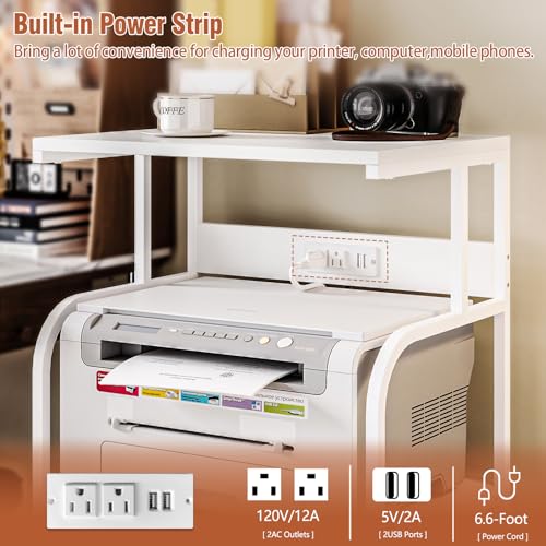 VEDECASA Mobile High Printer Stand with Power Outlet Charging Plugs USB Port Office Storage Shelf Includes Computer Tower CPU Stand Holder with Wheel (White) - color: White