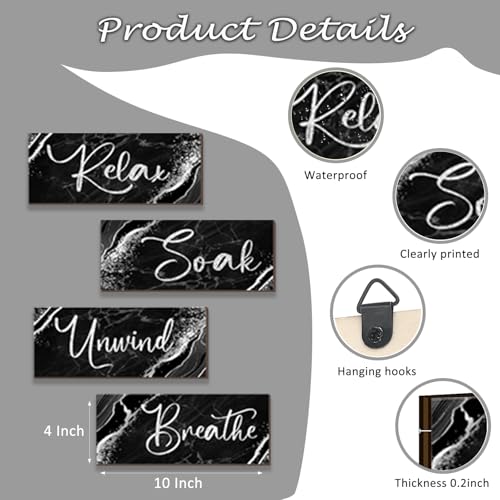 ONIZHITY 4 Pcs Black And Silver Bathroom Decor Wall Signs Relax Soak Unwind Breathe Wooden Rustic Marble Style Bathroom Accessories for Bedroom Living Room Kitchen Decoration(Black Silver 10X4") - color: Black Silver, size: 10 X 4 Inch