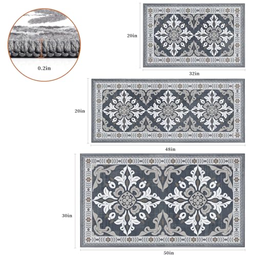 Kitchen Rugs Set of 3, Non-Slip & Washable Floor Mats, Water-Absorbent Area Pad, Standing Desk Mat for Office, Home, Doorway, Laundry, Kitchen Accessories (Grey) - color: Grey, size: 20"x32"+20"x48"+30"x50"