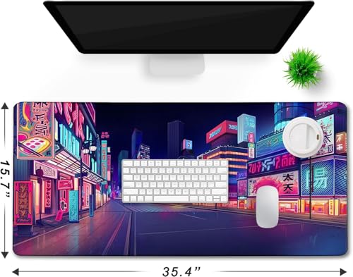 Japanese City Big Desk Mat Large Office Desk Pad, Durable Extended Mouse Mat, 35.4"x15.7" Computer Mousepad with Non-Slip Rubber Base & Stitched Edge for Home Office Gaming Work - color: City, size: 35.4" x 15.7"