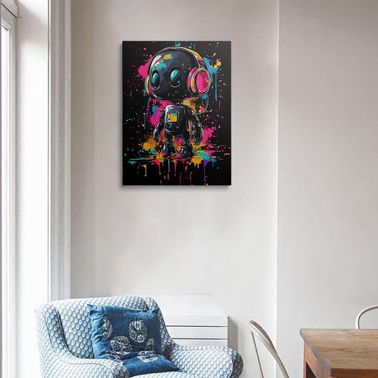 Colorful Robot Canvas Wall Art Framed Headphones Painting Prints Posters Wrapped Canvas Wall Decor Graffiti Tech Artwork for Kids Bedroom Game Room Nursery Office Playroom Cool Home Gift 16x24 Inches - color: Robot01, size: 24"L x 16"W
