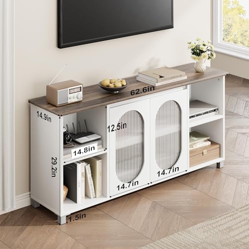 IDEALHOUSE TV Stand for 65" TVs with Fluted Glass Media Console, White | Media Storage Cabinet, Entertainment Center, Fluted Glass Doors, Open Display Shelves, Bedroom & Living Room - color: White