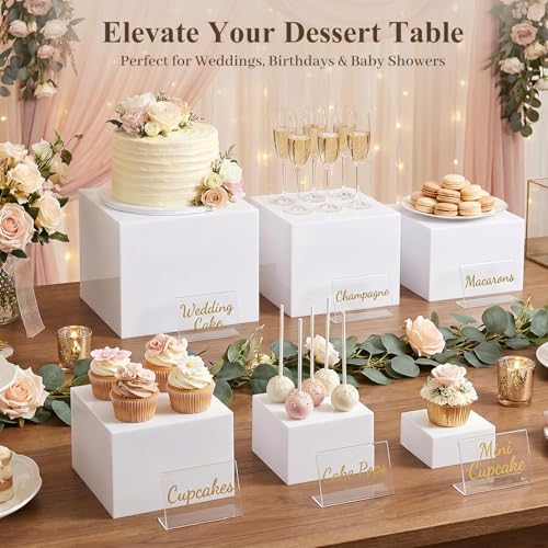 DomeStar 6PCS White Acrylic Buffet Risers with Mini Sign, Food Risers Dessert Table Display Set for Buffet Table Party Catering Cupcake Cake Jewelry, Nesting Boxes for Food Display (8" 7" 6" 5" 4" 3") - color: white
