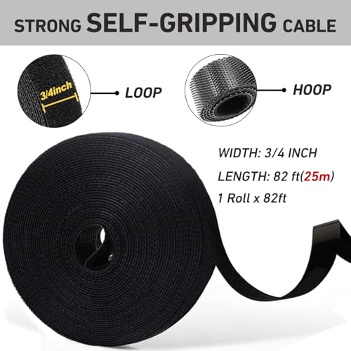 82ft 3/4 inch Fastening Cable Ties, Hitotsu Reusable Hook and Loop Roll, Self-Gripping Bundling Strips for Cord Manage,Home, Office, Electrical Cords, Host Room, Black - color: Black, size: 3/4inch x 82ft