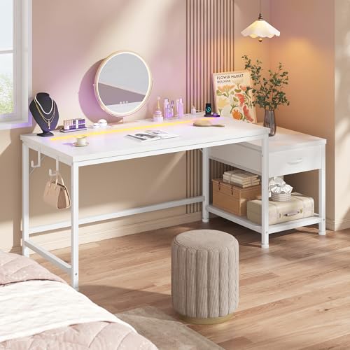 DurayLoly 56 Inch White Computer Desk with Printer Shelf, Power Outlet & LED Lights, Reversible Office Desk with Drawers & Hooks for Headphone, Bags for Bedroom,Dorm,Teens Study Room,White - color: White, size: 56inch
