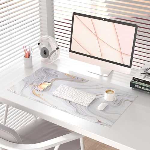 QIYI White Mouse Pad, Cute Marble Large Desk Mat, PU Leather Desk Protector Mousepad, Gold Grey Striped Waterproof Computer Keyboard Gaming Mouse Pads, Non Slip Extended Writing Pad 31.5" x 15.7" - color: Luxury Marble Ink, size: 31.5" x 15.7"