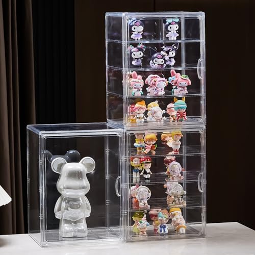 4 Tiers Clear Acrylic Display Case, Plastic Storage Bins with 3 Adjustable Divider and Magnetic Door,Stackable Display Box for Figures Showcase (XXL-4 Tier-2 Pack) - size: XXL-4 Tier-2 Pack