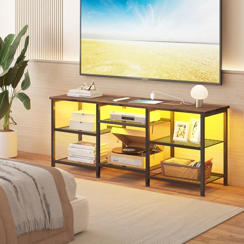 YGEOMER TV Stand for Living Room TVs Up to 50 Inches, Entertainment Center with Power Outlet and LED Lights Open Storage Shelves, TV Console for Bedroom, Rustic Brown - color: Rustic Brown