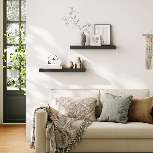 HOOBRO Floating Shelves for Wall, Wall Mounted Shelf Set of 2, 23.6" Hanging Shelf with Invisible Brackets, for Wall Decor Storage in Bathroom Bedroom Kitchen Living Room Office, Black BK60BJ01 - color: Black, size: 23.6 Inches