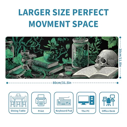 Dark Academia Gaming Mouse Pad Abstract Black Mouse Pad 31.5x11.8 Inch Mystical Green Plant Texture Non-Slip Rubber Base Large Mousepad Stitched Edges Keyboard Mouse Mat Desk Pad for Office and Home - color: Dark Academia