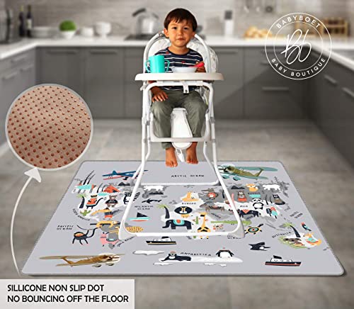 Splat Mat for Baby – Under High Chair Floor Mat Protects Wood, Vinyl and Carpet from Spills – Waterproof 4 Layer Baby Mat with Anti-Skid Backing Deters Bunching and Sliding (51” x 51”) - color: Animals World Map
