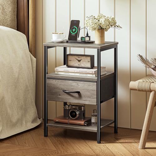 SUPERJARE Nightstand with Charging Station, Bed Side Table with Adjustable Fabric Drawer, Night Stand for Bedroom, 3-Tier Storage End Table, for Living Room, Oak - color: Oak, size: M (11.8"D x 15.7"W x 23.4"H)