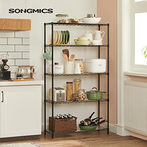 SONGMICS 5-Tier Storage Shelves, Wire Shelving Unit, Kitchen Metal Shelves, Storage Rack with Adjustable Shelves, Shelf Liners, 8 Hooks, for Garage, 11.8 x 35.4 x 63 Inches, Black ULGR095B01 - color: Ink Black, size: 5 Tiers (11.8"D x 35.4"W)