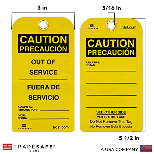 TRADESAFE Bilingual Out of Service Tags, Fuera de Servicio - 30 Yellow Caution Sign with 30 Cable Ties, Durable 32 mil Vinyl, Caution Tags for Equipment Repair or Service, Accident Prevention - style: Bilingual