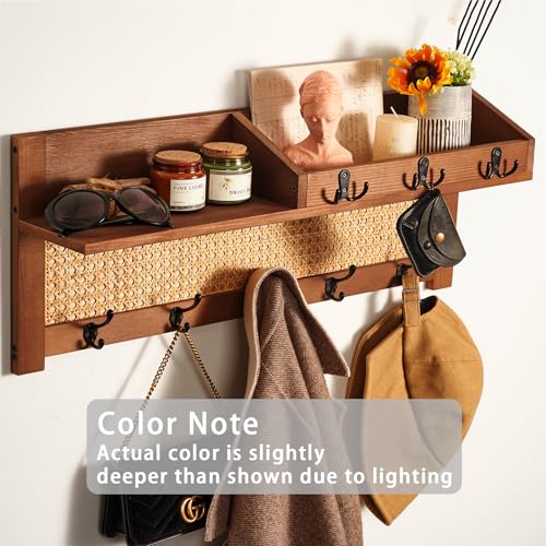 Coat Rack Wall Mount with Hooks & Shelf - Wooden Entryway Organizer for Hanging Coats, Keys, Hangers - Space Saving Durable Wood Holder for Hallway, Bedroom, Office-The Rattan Model