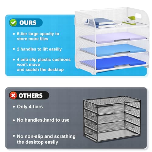 Marbrasse 4 Tier Paper Organizer Letter Tray, Mesh Desk File Organizer with Handle, Paper Sorter Organizer for Letter /A4 Office File Folder Holder(White, 12.6" x 9.1" x 10.7") - color: White