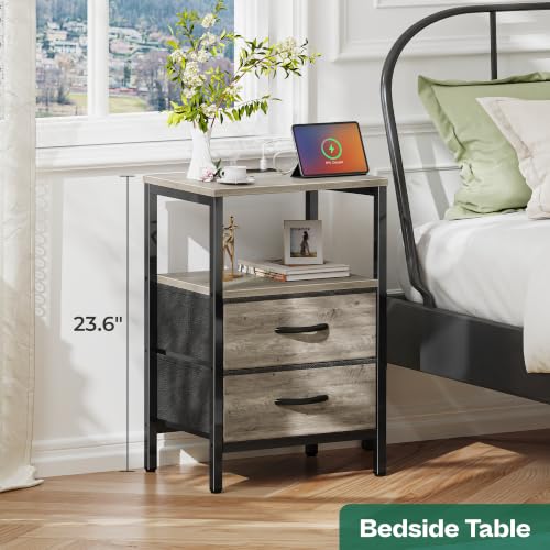 Huuger Nightstand with Charging Station, Fabric Drawers, End Table with Open Shelf, Bedside Table with USB Ports and Outlets, Night Stand for Bedroom, Oak - color: Oak, size: 11.8"d X 15.7"w X 23.6"h (2 Drawers)