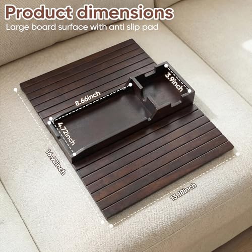 Bamboo Couch Arm Tray Table with Built-in Cup Holder, Foldable Anti-Slip Sofa Armrest Table for Drinks, Phone & Remote, Fits 4.7–16.9 in Armrests, Holds Cups up to 3.5 in Diameter (Brown) - color: Brown