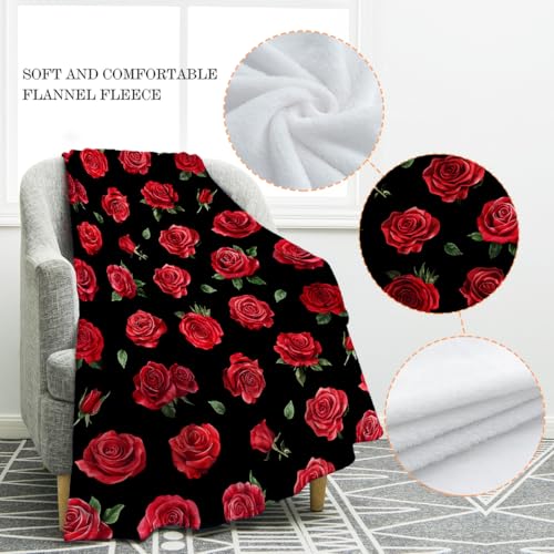 Jekeno Rose Flowers Floral Blanket Gifts for Women Kids Girls Mom Wife Boyfriend Girlfriend Husband Birthday Christmas Halloween Easter Wedding Anniversary Decor Home Bedroom Throw Blanket 50"x60" - color: Black Red Green, size: 50"x60"