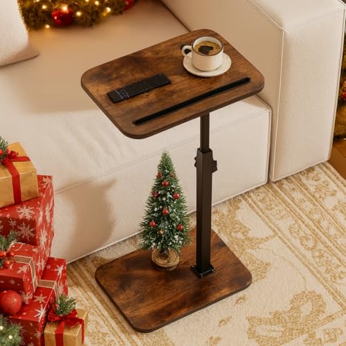 TV Tray Side Table for Couch - 360° Swivel Adjustable Height Rotating Sofa Table C Table End Table Laptop Desk with Phone & Tablet Slot, Perfect for Eating Working Reading, Fits Small Spaces - color: Rustic Brown