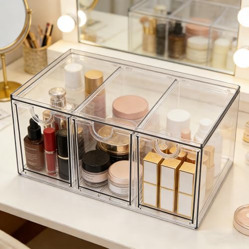 Prsildan Acrylic Makeup Organizer Stackable Storage Drawers with 3 Drawers for Office Desk Vanity Craft Room Clear Drawer Organizers for Hair Accessories Art Supplies Cosmetics Modular System - style: Style3-3Drawers