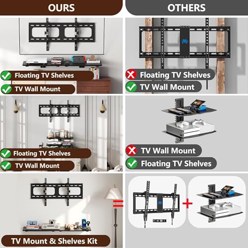 3-in-1 TV Wall Mount & Floating Shelves Kit, Fits 37–75" TVs, Wall-Mount TV Bracket with 2 Wooden Shelves, Max VESA 600×400 mm, for Living Room, Game Room, Bedroom