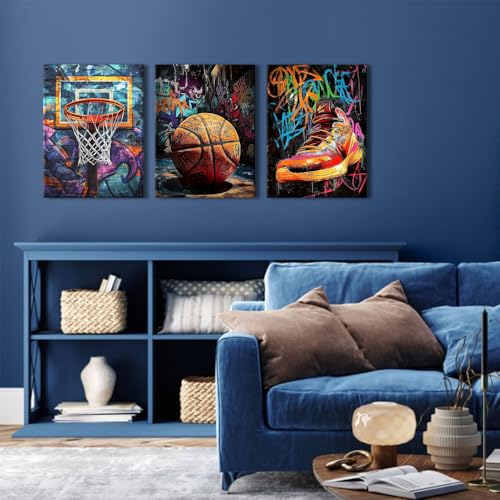Basketball Graffiti Wall Art Prints Teen Boys Room Wall Decor Retro Sports Themed Basketball Court Sneakers Posters Mens Bedroom Dormitory Abstract Pop Street Artwork Living Room Decorations 12x16" 3P - color: Basketball, size: 12"l X 16"w
