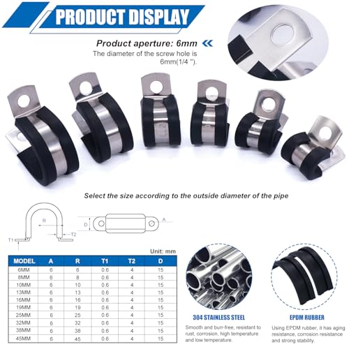 Twidec/136PCS Cable Clamps Assortment Kit 304 Stainless Steel Rubber Coated Cushion Clamps 10 Sizes 1/4" 5/16" 3/8" 1/2" 5/8" 3/4" 1" 1-1/4" 1-1/2" 1-3/4" With Screw For Automotive Wire Pipe Clamps - size: Multi-Size - 136 PCS