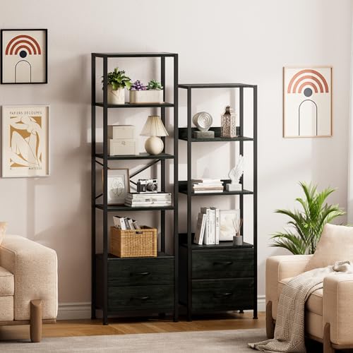 Furnulem 5-Tier Tall Corner Shelf, Narrow Bookshelf with Drawers | 65.16" H Black Bookcase,Fabric Bins and Metal Frame,Wood Display Shelf for Bedroom,Living Room,Home Office. Easy to Assemble - color: Black Oak, size: 5 Tier