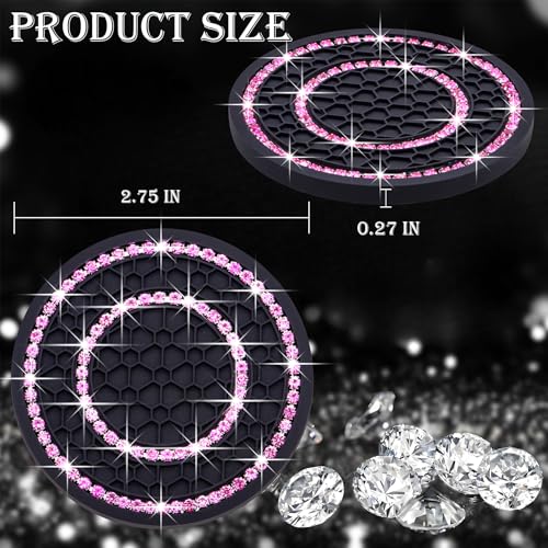 2PCS Bling Crystal Rhinestone Cup Coaster Insert, 2.75 inch Soft Silicone Anti-Slip Shockproof, Car Drink Holder Coaster, Universal Car Interior Accessories for Women (Black & Pink) - color: Black & Pink, size: 2 pcs
