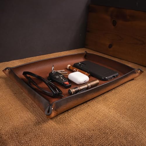 Valet Tray – Full-Grain Leather Catchall Organizer for Keys, Phone & Wallet – Rustic Nightstand & Desk Tray with Raised Sides – Handmade in USA (Vintage Brown, Large Rectangle) - color: Vintage Brown, size: Large Rectangle