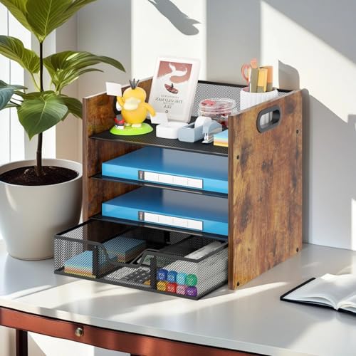Desk Organizer - 4 Tier Desktop File Organizer with Drawer, Wooden Paper Tray Organizer, Office Desk Accessories Organizer for Papers, Mail, Notebooks, Stationery - size: 4 Tier Drawer