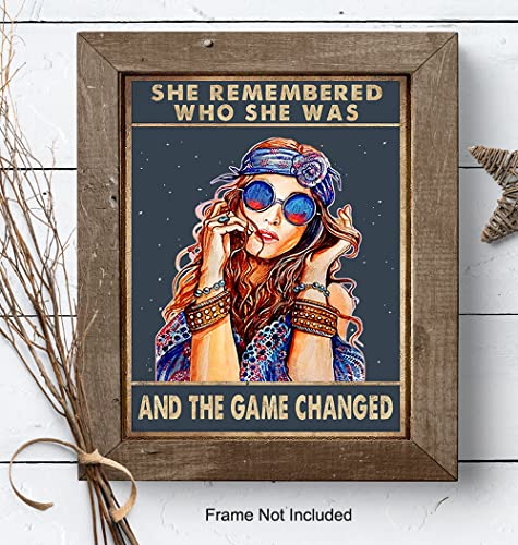 She Remembered Who She Was And The Game Changed - Hippie Boho Motivational Poster - Bohemian Inspirational Positive Quotes Wall Art Decor - Encouragement Gifts for Women - Girls Teens Bedroom Decor