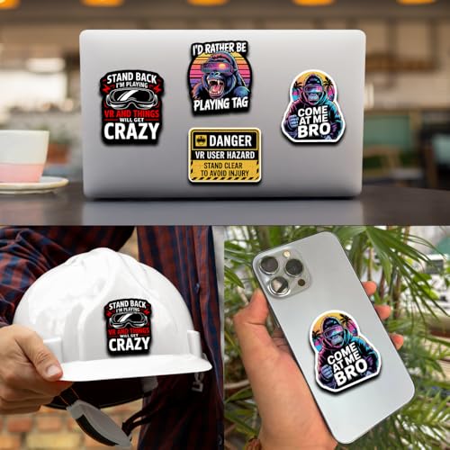 (Set of 4) I'd Rather Be Playing Tag Gorilla Sticker, Come at Me Bro Decal Gift, VR Player Virtual Reality User Hazard Gamer Funny Warning Stickers 3 Inches