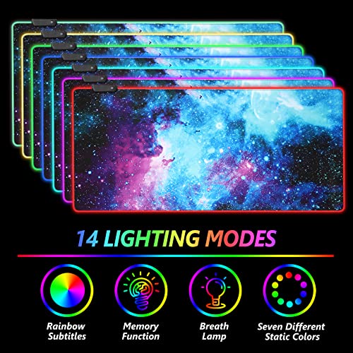 AIMSA RGB Gaming Mouse Pad Extended, Large Led Mousepads Non-Slip Rubber Base with 14 Lighting Modes, Computer Keyboard Mat Soft Desk pad Waterproof 35.4 x 15.8 inches, Galaxy Nebula Universe - color: Galaxy Nebula Universe