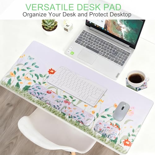 Petmolico Mouse Pad Set with Computer Keyboard Desk Pad,Mouse Pad with Wrist Rest,Typing Wrist Pad and Cup Coasters,Ergonomic Design for Typing Pain Relief【Silver,Wild Flowers】 - color: Silver