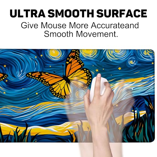 Starry Night Butterflies Gaming Mouse Pad Large Desk Mat Extended Keyboard Anime Mousepad with Non-Slip Base and Stitched Edge for Desk Home Office Gaming,31.5 x 11.8 Inch - color: Starry Night Butterflies, size: 11.8*31.5inch