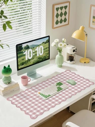Scalloped Pink Checkered Gingham Desk Mat Cute Pastel Large Mouse Pad Kawaii Cottagecore Vintage Girly Laptop Keyboard Computer Mat Pad Aesthetic Cozy Office Desk Decor for Women - color: A4-dusty Rose