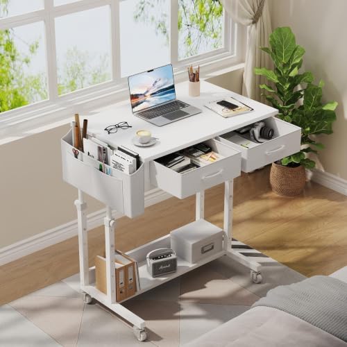 WINAZ Small Rolling Desk with Drawers & Storage - 32 Inch Adjustable Height Standing Desk on Wheels for Teachers, Students, Portable Mobile Workstation for Home Office, Small Spaces, Sewing & Crafts - color: White, size: 31.5"