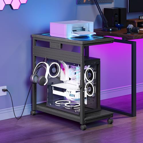 CHOEZON 31.5" Large Computer Tower Stand with Power Outlet, Under-Desk PC Cart with 2 Hooks, PC Stand with LED, Height Adjustable PC Tower Holder on Wheels, for Living Room, Office, Black TCJ51UDBB