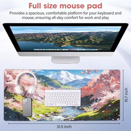 Cherry Blossom Anime Large Gaming Mouse Pad, 31.5x15.7 Inch, Non-Slip Rubber Base, Stitched Edges, Waterproof Desk Mat - color: Stream, size: 31.5" x 15.7"