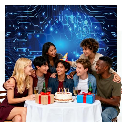 7x5ft Circuit Board Blue Glow Photo Backdrop Tech Theme Sequin Glitter Photography Background Digital Innovation Electronics Event Party Banner Decoration Supplies Polyester - size: 7x5FT