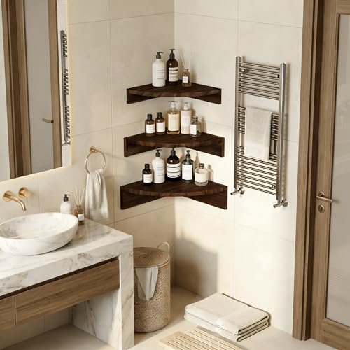 Alsonerbay Corner Shelf Wall Mount, Set of 3 Floating Shelves for Storage and Display, Rustic Wood Shelves for Bedroom, Kitchen, Living Room, Nursery and Office (Dark Brown) - color: Dark Brown, size: Set of 3