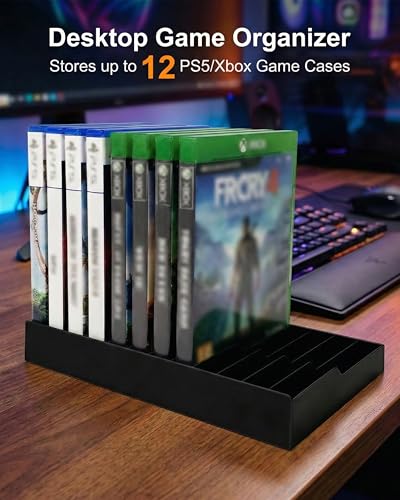 Video Game Storage Tower for PS5 / PS4 / Xbox Series X/Xbox One Game Cases, 12-Disc Capacity DVD & Blu-Ray Organizer Stand, Anti-Slip ABS Desktop Rack, No Assembly Required (1, Black) - color: Black