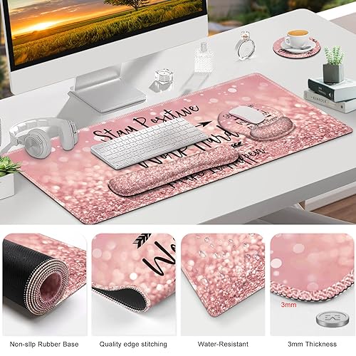 ToLuLu Desk Mat, XXL Large Mouse Pad Wrist Support Set,4 in1 Gaming Mousepad Desk Pad+ Ergonomic Mouse Pad with Wrist Rest + Keyboard Wrist Rest+Coaster for Women Home Office Table, Pink Stay Positive - color: Pink Stay Positive