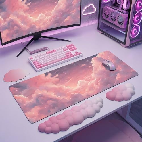 Pink Cloud Large Mouse Pad for Desk Cloud Keyboard Wrist Rest 4PCS Extended Cloud Desk Mat Pad Set Memory Foam Non-Slip Ergonomic Cute Gaming Mouse Pad Wrist Support for Computer Laptop Home Office - color: 4pcs Pink Cloud