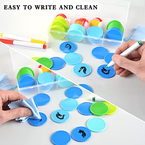 DLUGOPIS 100 Pcs 1 Inch Dry Erase Tokens Game Tokens Set Dry Erase with A Storage Box and 4 Wipes Reusable Game Discs for Tabletop Games DIY Plastic Counters Chips 1Inch and 1.5 Inch - size: 1 Inch and 1.5 Inch
