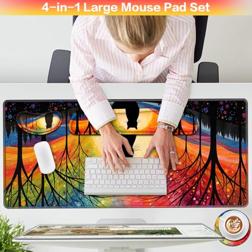 Mouse Pad with Wrist Rest Black Cat, 4-in-1 Large Mousepad+Keyboard Wrist Rest+Mouse Pad Wrist Support+Cup Pad Set,Ergonomic Mousepad,Memory Foam Desk Mat for Home Office Gaming(35.4×15.7in) - color: Lonely Cat