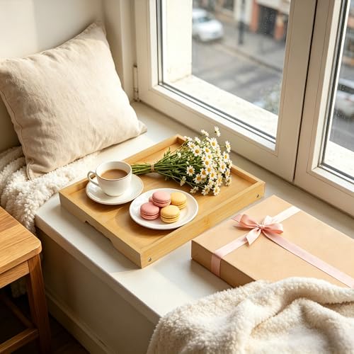 Large Breakfast Tray with Folding Legs Set of 2, 16.9" x 12.2" Bamboo Bed Tray Table with Ergonomic Wave Handles, Foldable TV Dinner Tray for Bed Couch Sofa, Breakfast, Laptop, Coffee, Natural - color: Natural, size: Large