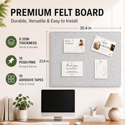 Felt Bulletin Board for Wall 36" x 24" Unfolded Size, Frameless Felt Pin Board, Soft Cork Board Alternative for Office, Home Planning, Notes, Photos & Wall Decor, Foldable Shipping, Easy Install - color: Light Grey, size: 24" x 36"